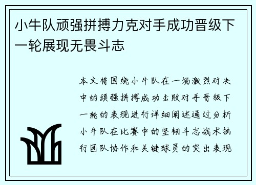 小牛队顽强拼搏力克对手成功晋级下一轮展现无畏斗志
