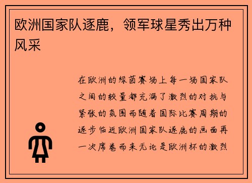 欧洲国家队逐鹿，领军球星秀出万种风采