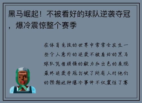黑马崛起！不被看好的球队逆袭夺冠，爆冷震惊整个赛季